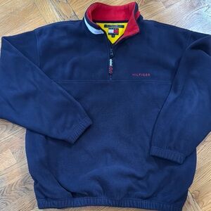 Vintage Tommy Hilfiger Navy and Red Quarter-Zip Pullover